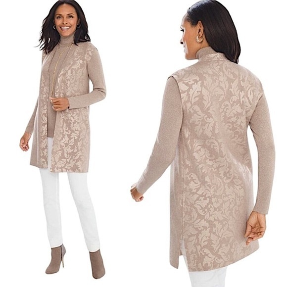 CHICO’S Reversible Cardigan Long Sweater Vest Taupe Tan Damask Travel Office XL - Picture 9 of 9